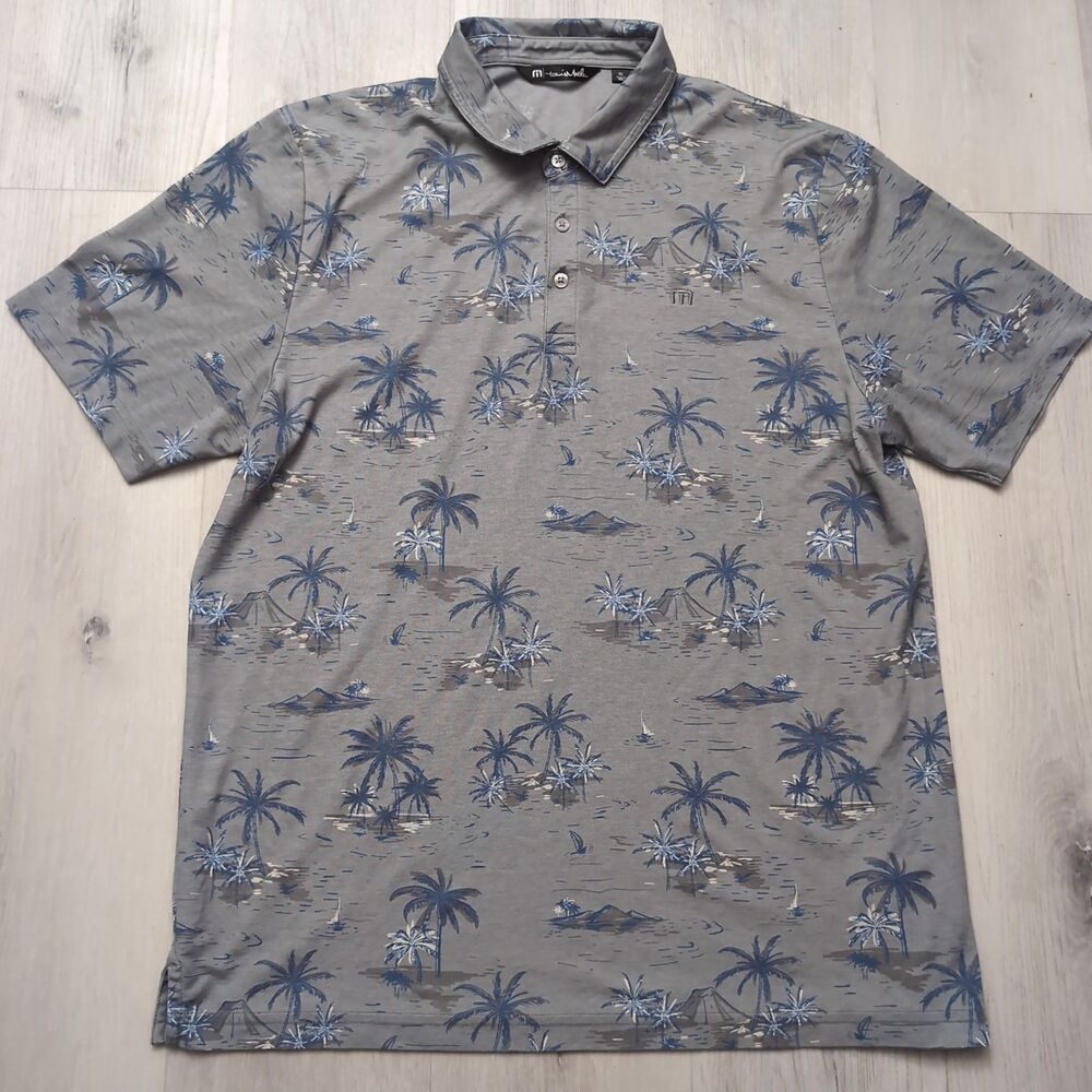 Travis Mathew Polo Mens XL Gray Blue Palm Tree Golf Shirt